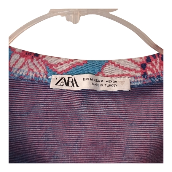 Zara Blue Pink Floral Mini Dress Bodycon Peep Size Medium - Picture 3 of 5